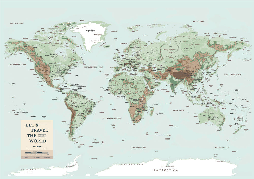 Mapa del mundo físico con los nombres de los países, mares, ríos y montañas en diferentes colores