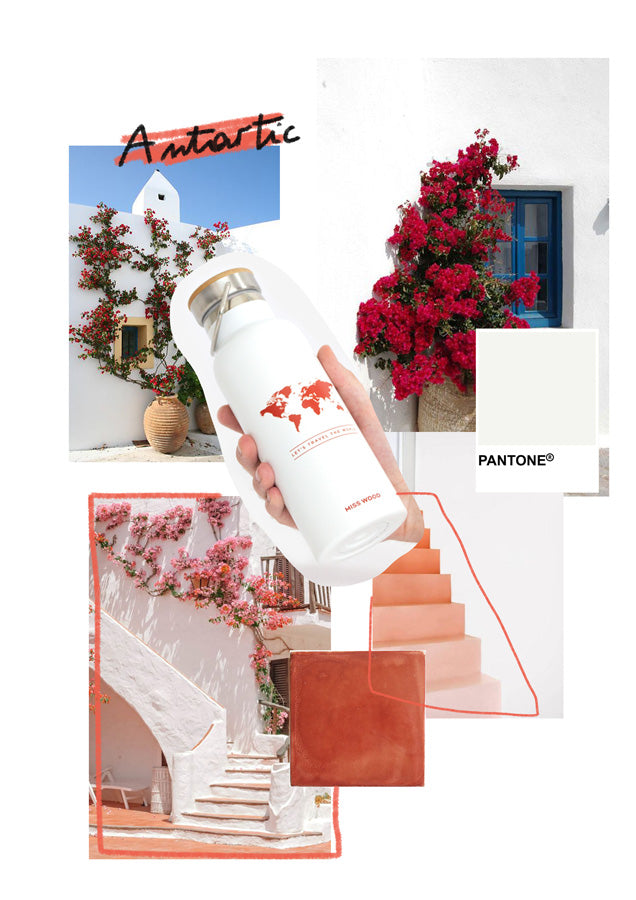 Collage aesthetic blanco con flores y botella