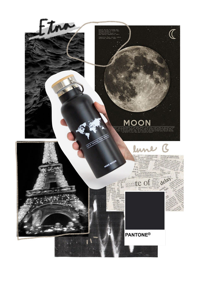 Collage aesthetic negro con la luna, torre eiffel y botella