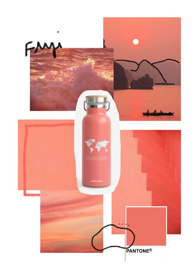 Collage aesthetic rosa con atardeceres y botella