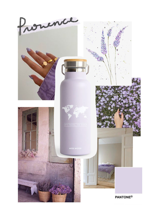 Collage aesthetic lila pastel con lavanda, flores y botella