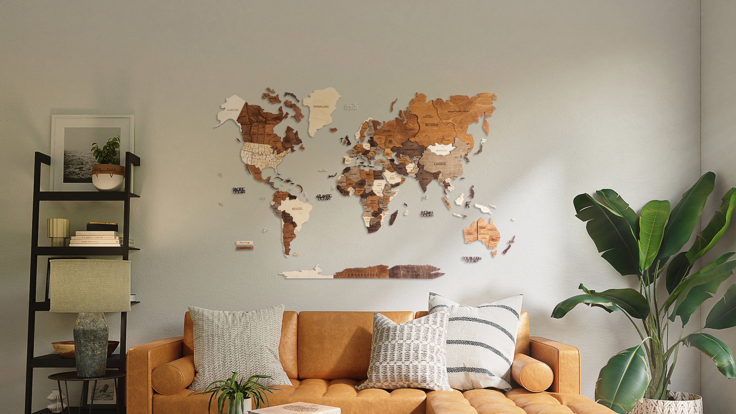 Mapa del mundo 3d en distintos tonos de madera gigante