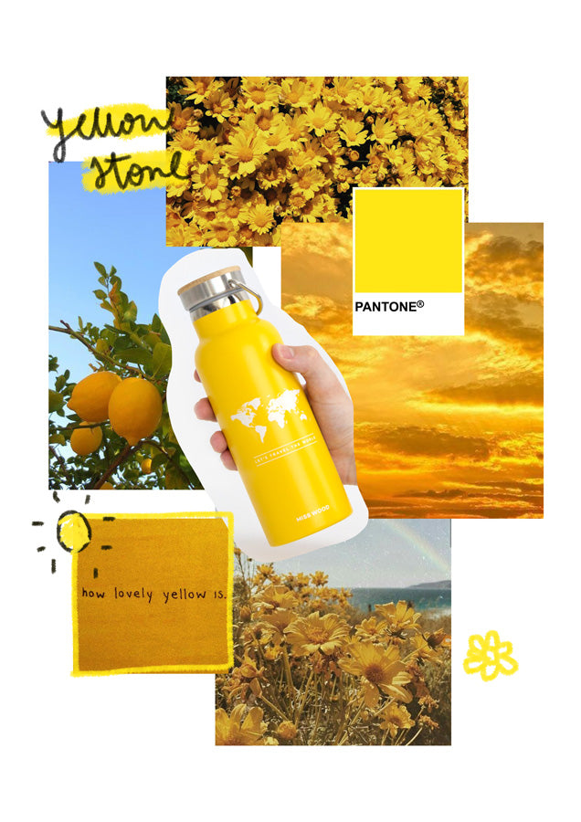 Collage aesthetic amarillo con flores y botella