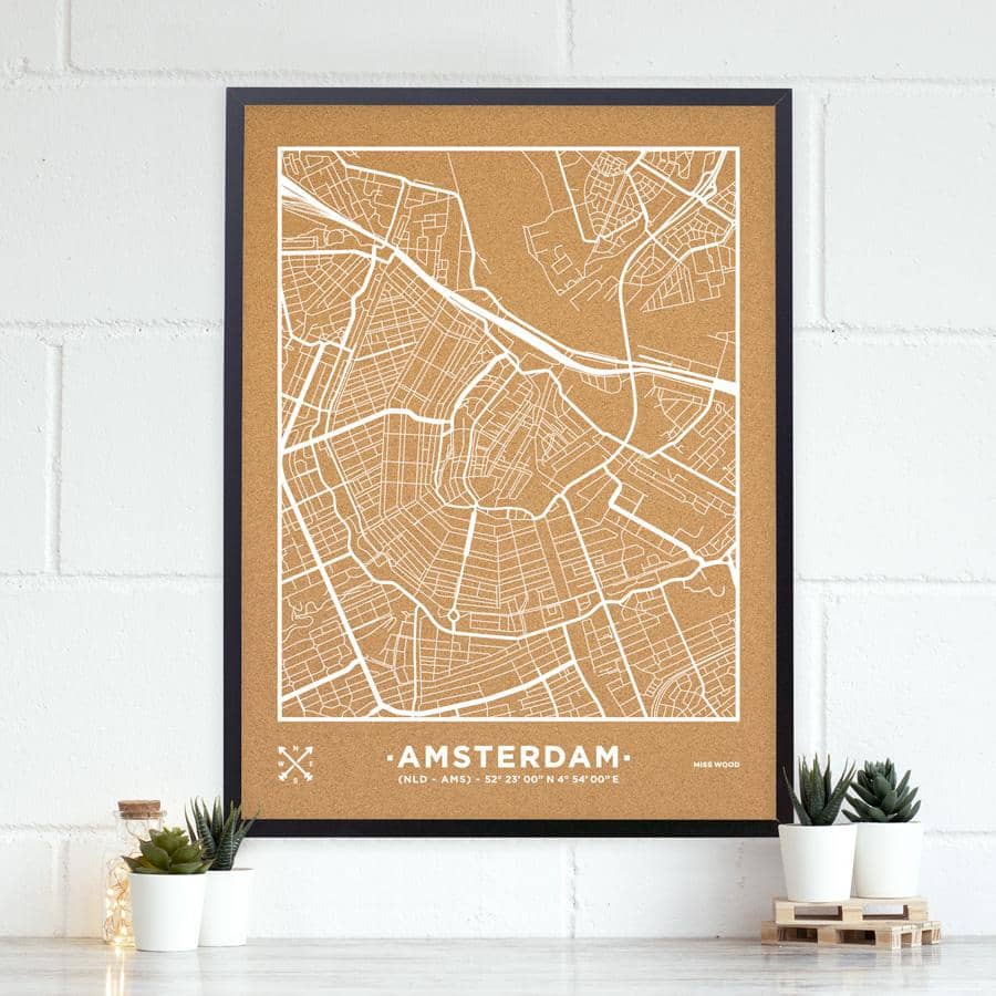 Mapa de corcho - Woody Map Natural Amsterdam-90 x 60 cm / Blanco / Marco Negro-90 x 60 cm-Blanco-Marco NegroMisswood