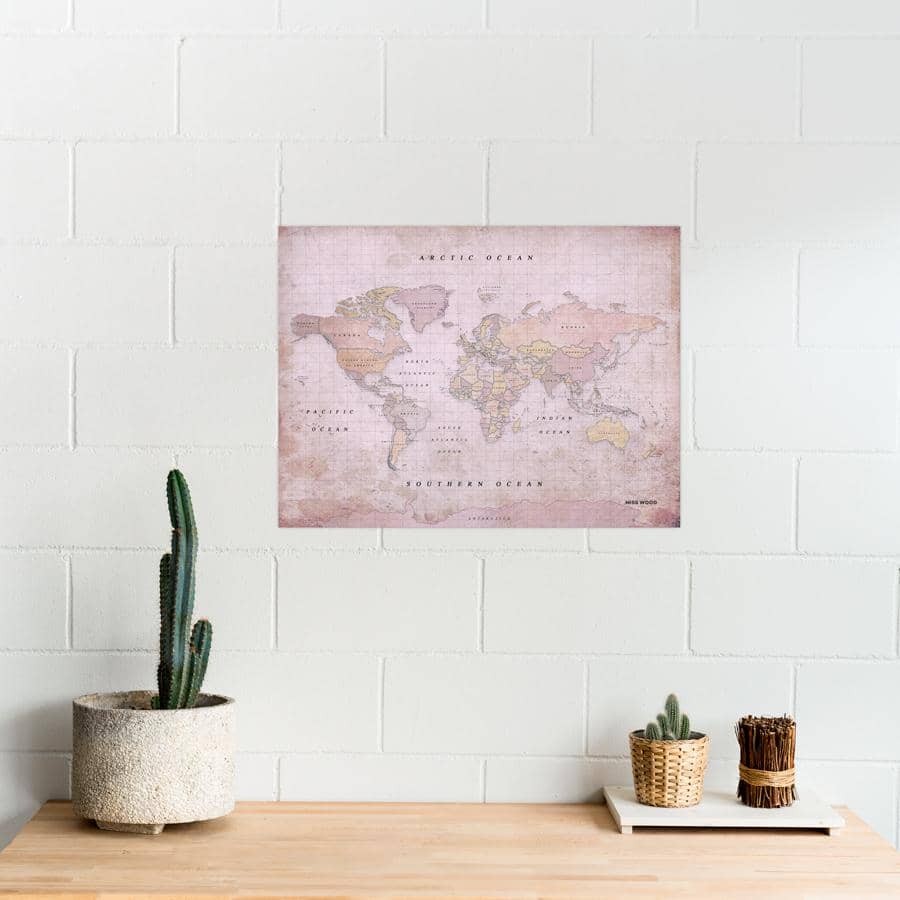 Mapamundi corcho - Woody Map Watercolor Dusty Rose-60 x 45 cm / Sin marco-60 x 45 cm-Sin marco-Misswood