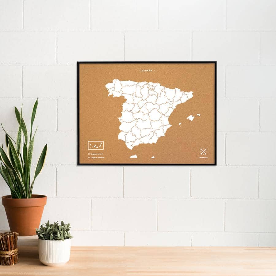 Mapa de corcho - Woody Map Natural España-90 x 60 cm / Blanco / Marco Negro-90 x 60 cm-Blanco-Marco NegroMisswood