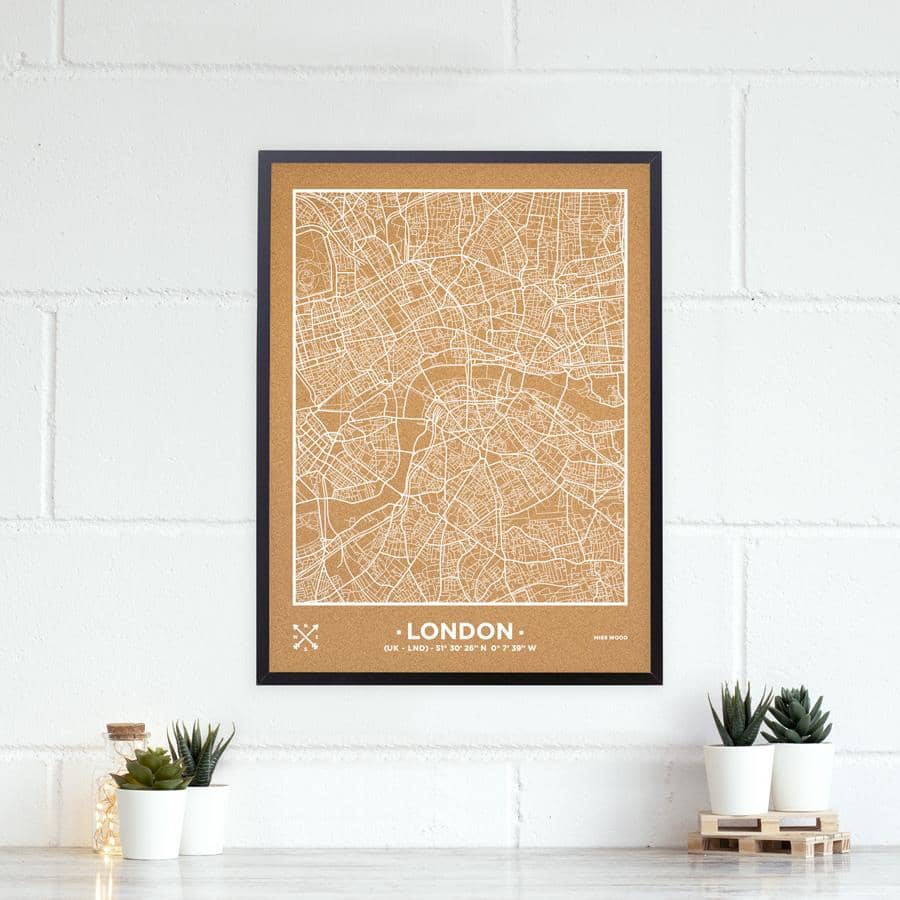 Mapa de corcho - Woody Map Natural Londres-60 x 45 cm / Blanco / Marco Negro-60 x 45 cm-Blanco-Marco NegroMisswood