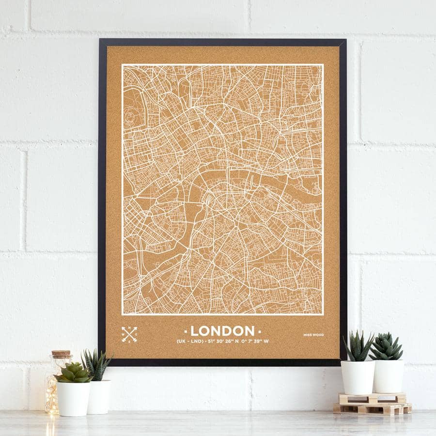 Mapa de corcho - Woody Map Natural Londres-90 x 60 cm / Blanco / Marco Negro-90 x 60 cm-Blanco-Marco NegroMisswood