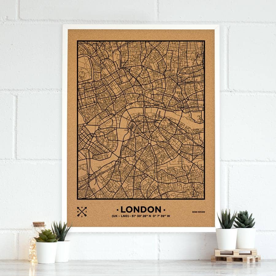 Mapa de corcho - Woody Map Natural Londres-90 x 60 cm / Negro / Marco Blanco-90 x 60 cm-Negro-Marco BlancoMisswood