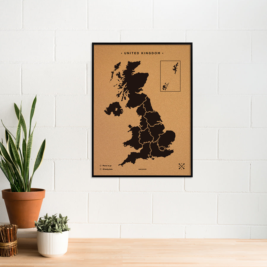 Mapa de corcho - Woody Map Natural Reino Unido-90 x 60 cm / Negro / Marco Negro-90 x 60 cm-Negro-Marco NegroMisswood