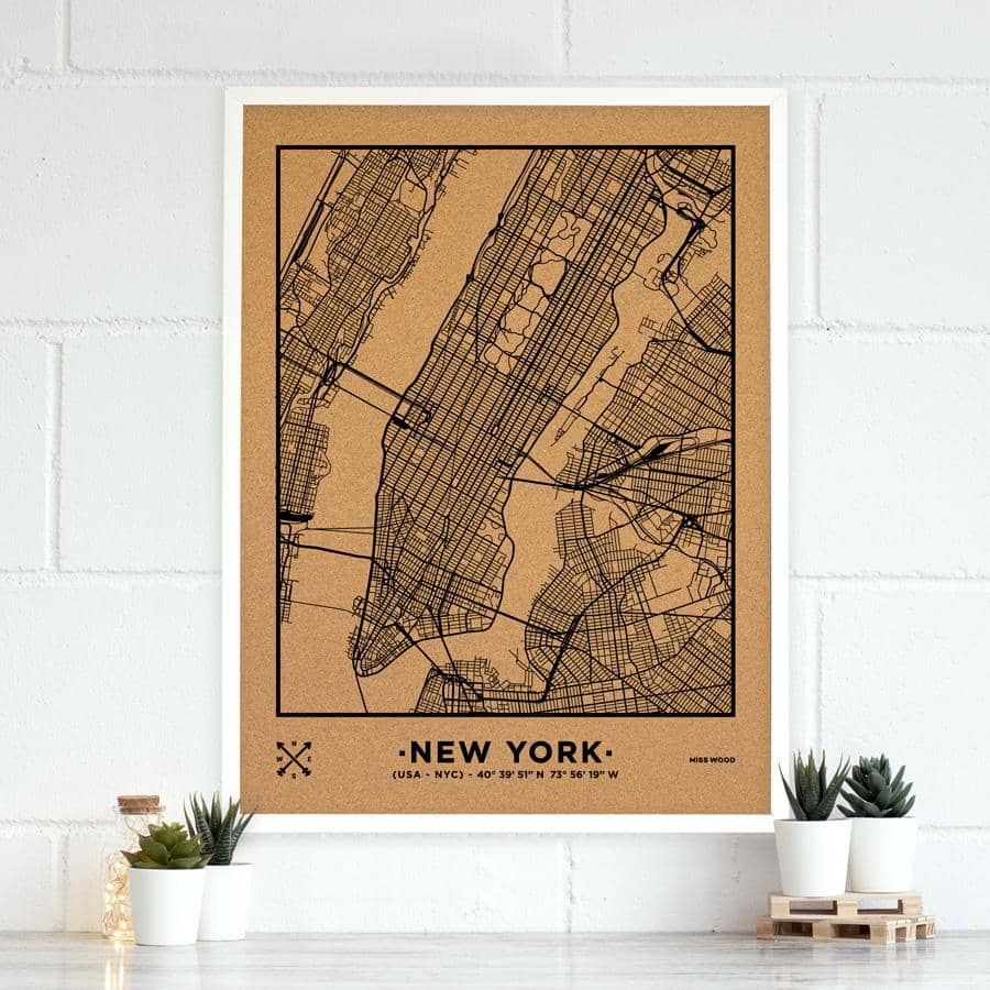 Mapa de corcho - Woody Map Natural Nueva York-90 x 60 cm / Negro / Marco Blanco-90 x 60 cm-Negro-Marco BlancoMisswood