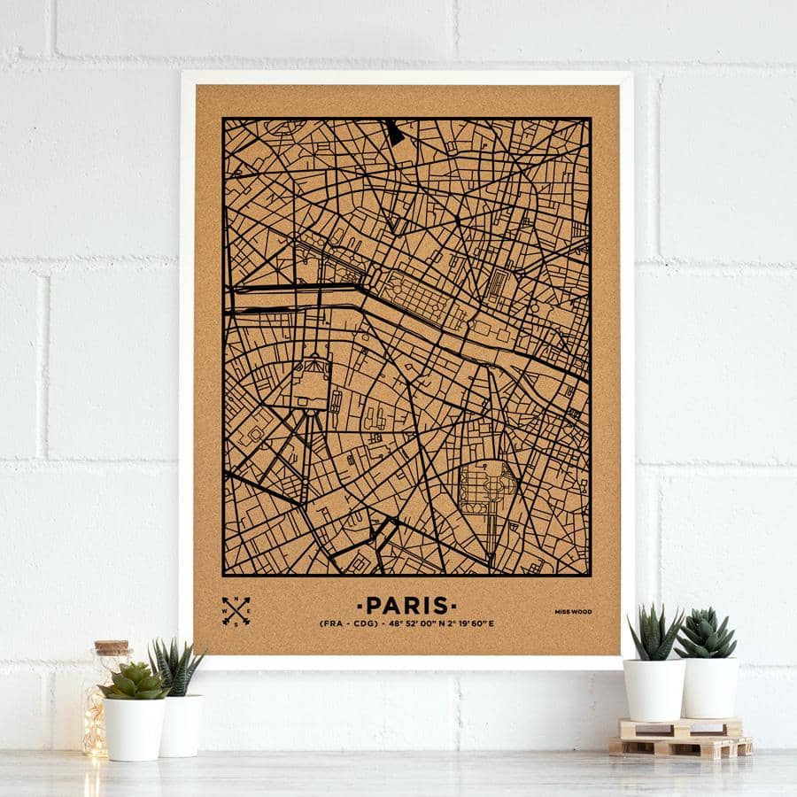 Mapa de corcho - Woody Map Natural Paris-90 x 60 cm / Negro / Marco Blanco-90 x 60 cm-Negro-Marco BlancoMisswood