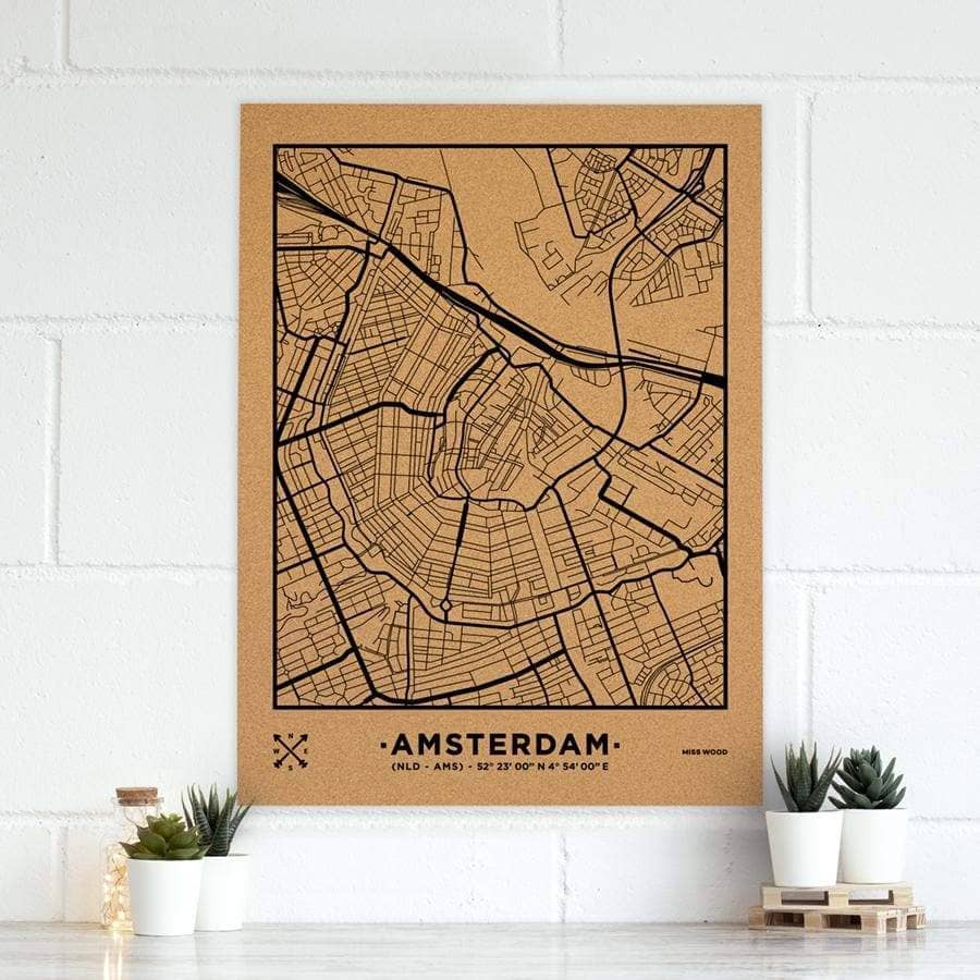 Mapa de corcho - Woody Map Natural Amsterdam-90 x 60 cm / Negro / Sin Marco-90 x 60 cm-Negro-Sin MarcoMisswood