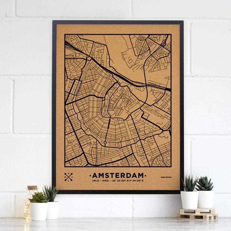 Mapa de corcho - Woody Map Natural Amsterdam-90 x 60 cm / Negro / Marco Negro-90 x 60 cm-Negro-Marco NegroMisswood