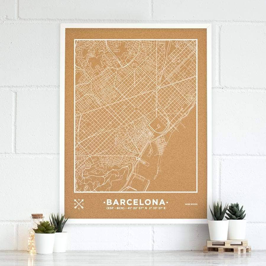 Mapa de corcho - Woody Map Natural Barcelona-90 x 60 cm / Blanco / Marco Blanco-90 x 60 cm-Blanco-Marco BlancoMisswood