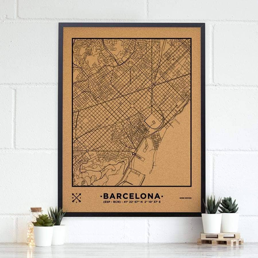 Mapa de corcho - Woody Map Natural Barcelona-90 x 60 cm / Negro / Marco Negro-90 x 60 cm-Negro-Marco NegroMisswood