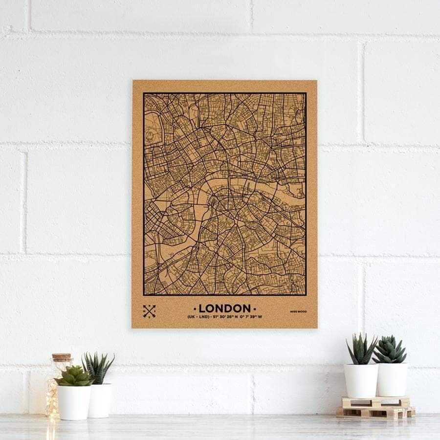 Mapa de corcho - Woody Map Natural Londres-60 x 45 cm / Negro / Sin Marco-60 x 45 cm-Negro-Sin MarcoMisswood