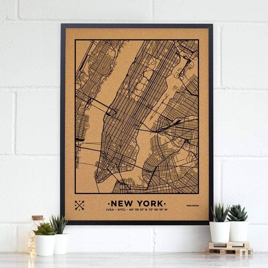 Mapa de corcho - Woody Map Natural Nueva York-90 x 60 cm / Negro / Marco Negro-90 x 60 cm-Negro-Marco NegroMisswood